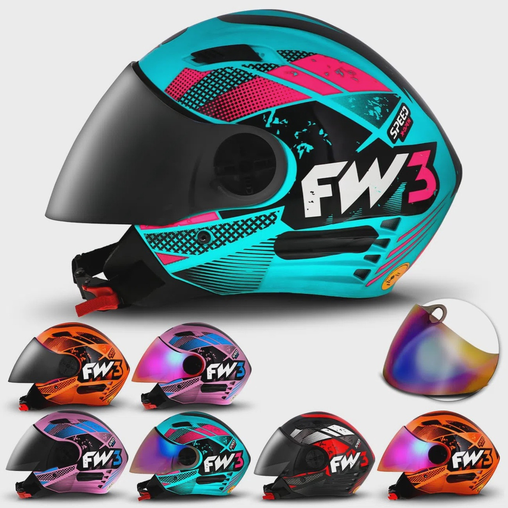 Capacete Aberto Fw X Open Speed Vermelho Laranja Rosa Azul Claro Com