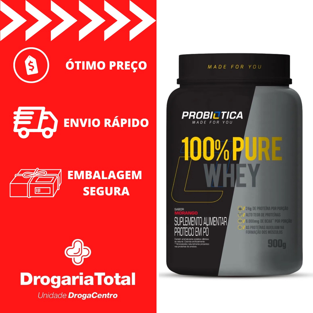 Whey 100 Pure Whey Probiótica Pote 900g Sabor Morango Suplemento