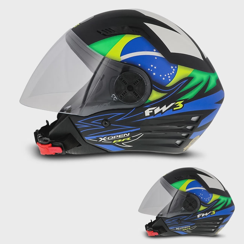 Capacete Aberto Fw X Open Brasil Fosco Brilhante Viseira Cristal No