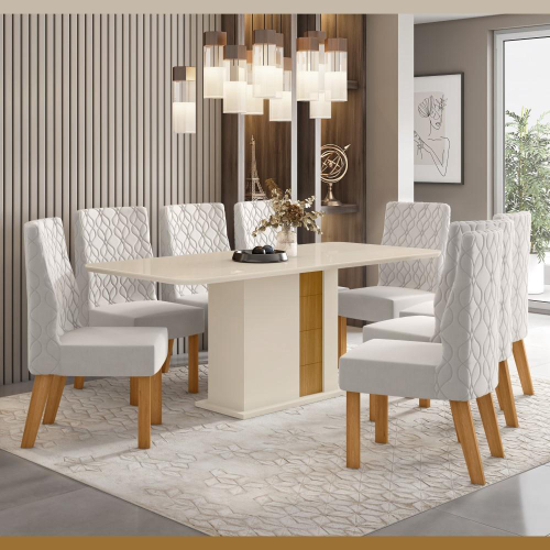 Conjunto de Mesa com 6 Cadeiras Bruna Cinza e Estampa Capitonê