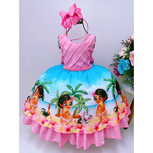 Vestido De Luxo Temático Infantil Moana Azul