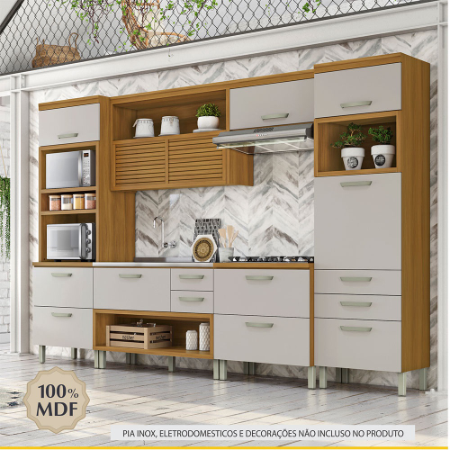 Armário de Cozinha Compacta 100% MDF 170 cm Branco/Rustic/Crema