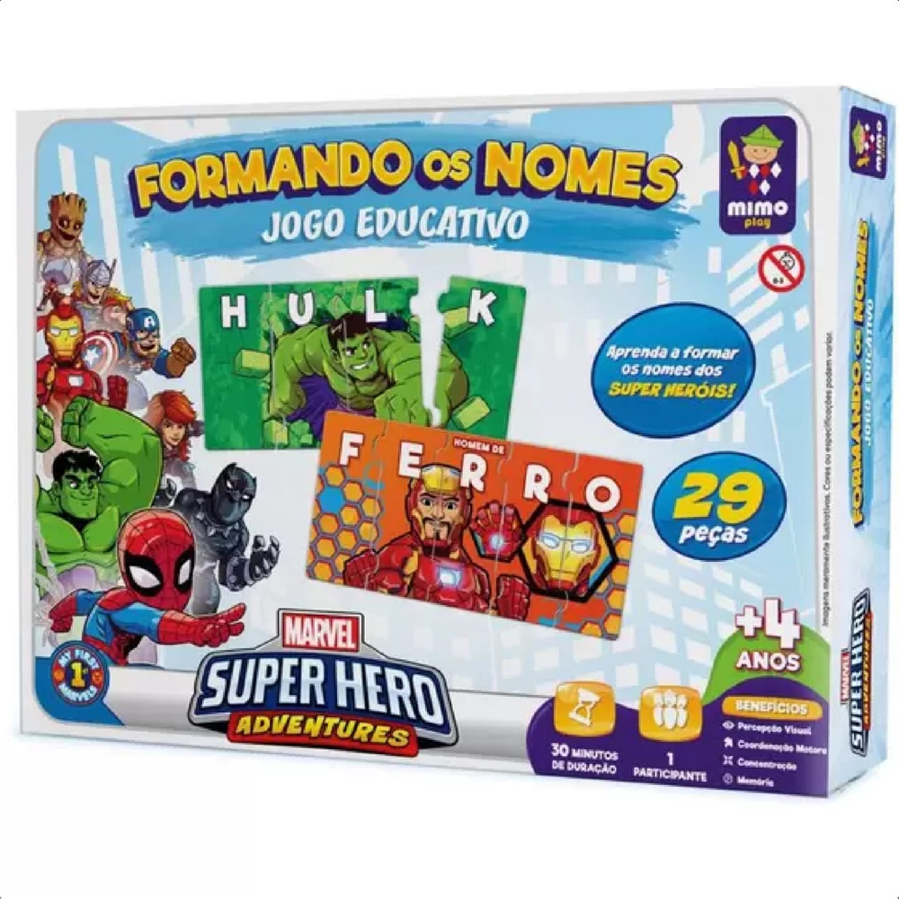 Jogo Educativo Marvel Formando Os Nomes 29 Peças Percepção Visual  Coordenação Motora + De 3 Anos Mimo Toys - 2040 na Americanas Empresas