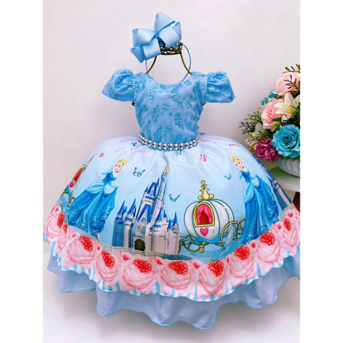 Vestido Feminino Infantil Fantasia da Cinderela Princesas da