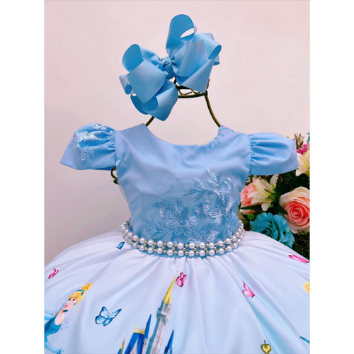 VESTIDO INFANTIL CINDERELA PRINCESA AZUL C/ RENDA E PÉROLAS