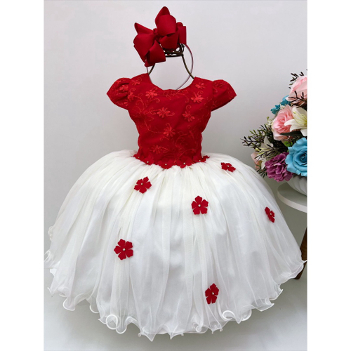 Vestido Infantil Vermelho E Off Renda De Luxo Festa Princesa em