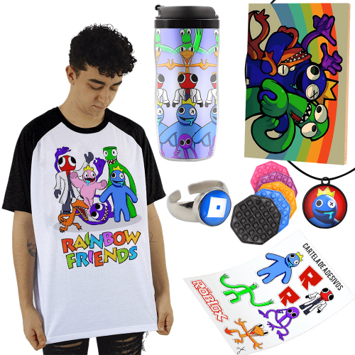 Camisa Camiseta Rainbow Friendes Copo Térmico + Kit Roblox no Shoptime