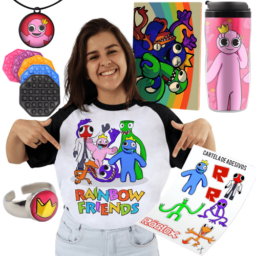 Camisa Camiseta Rainbow Friendes Copo Térmico + Kit Roblox no Shoptime