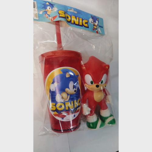 Boneco sonic vermelho 15cm com copo e canudo