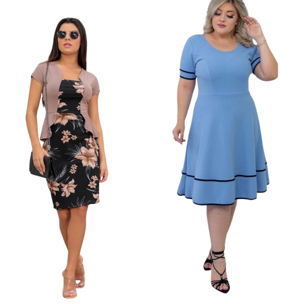 Kit 2 Vestido Moda Social Plus Size Midi Tubinho Florido Casual