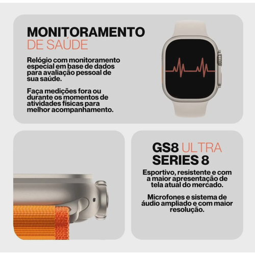 Smartwatch Ultra8 Série 8 Esportivo NFC, 45mm, Prata