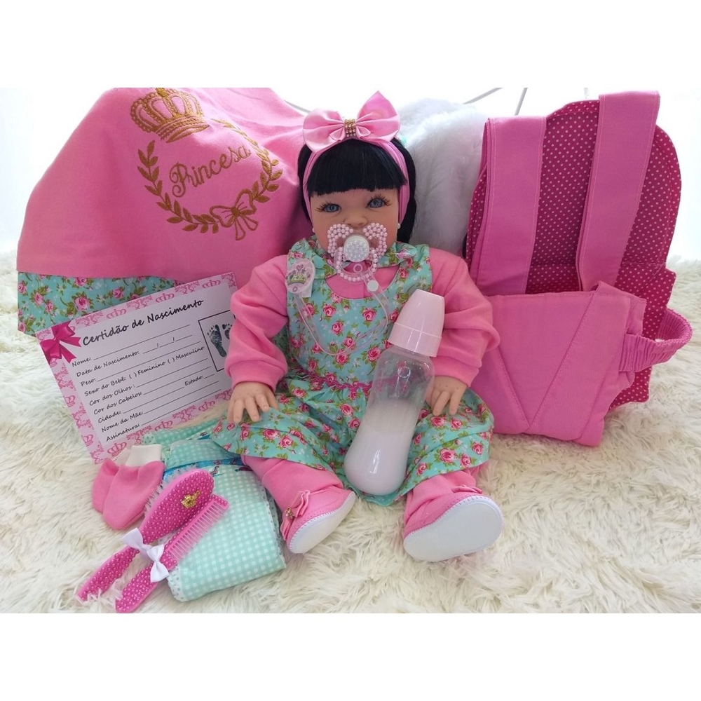 Boneca Bebe Reborn Morena Laura 53 cm com Canguru Sapatinhos e 13 Itens