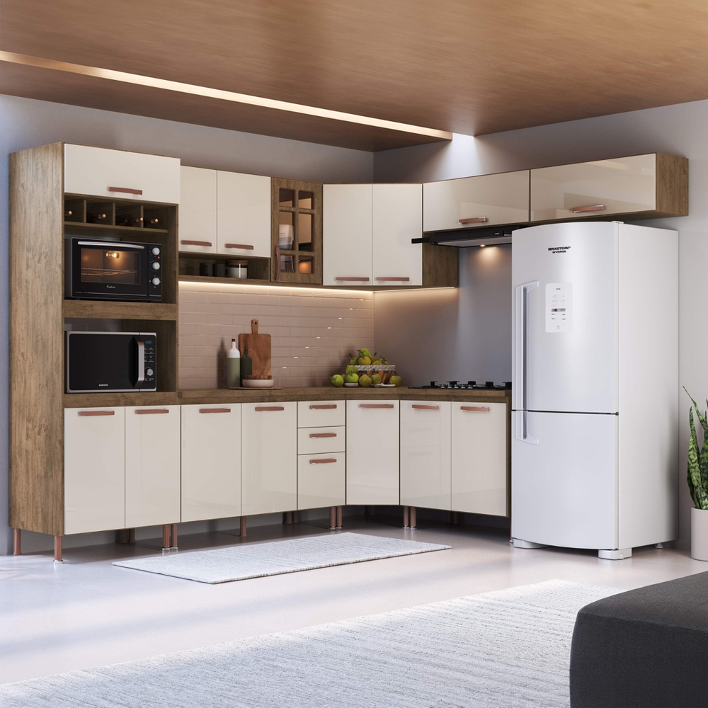 Cozinha Completa Fidelita Berlim Modulada 8 Peças 496 Cm 16 Portas 2 Gavetas Com Tampo Noce Off