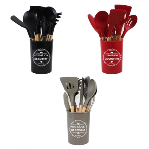 Jogo Utensílios de Cozinha em Silicone Madeira 12 Peças Preto - Máquinas,  Equipamentos e Utensílios Domésticos para Bares, Restaurantes, Lanchonetes,  Supermercados, Cozinha Industrial.