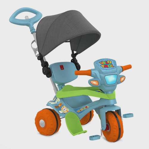 Triciclo Infantil Com Empurrador Pedal Cesta Azul Motoca