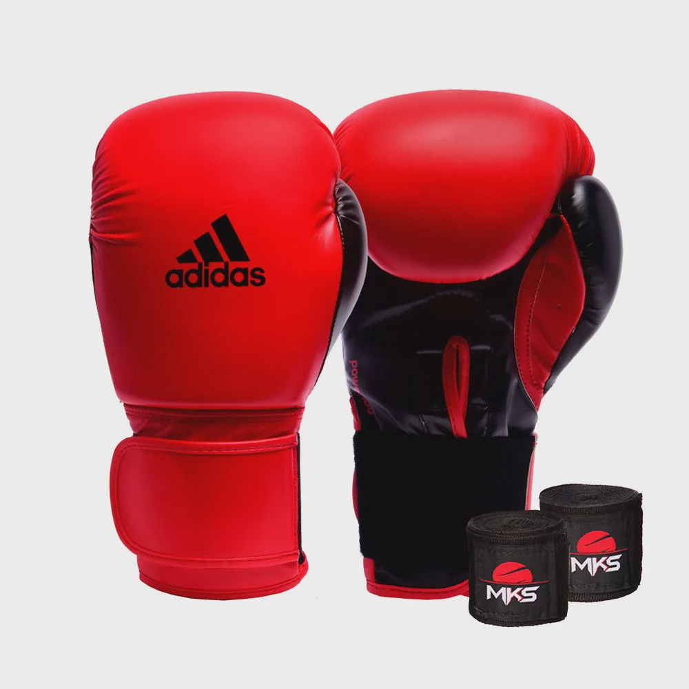 Kit Boxe Muay Thai Luva Power Colors Preto Vermelho e Bandagem