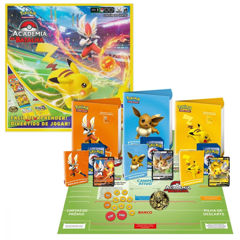 Jogo Tabuleiro 180 Cartas Pokémon Baralho Academia Batalha