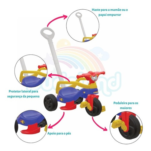 Triciclo Infantil Velotrol com Capota e Empurrador Motoca Velotrol