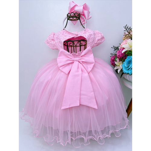 Vestido Infantil Rosa C/ Renda Strass e Pérolas Princesas