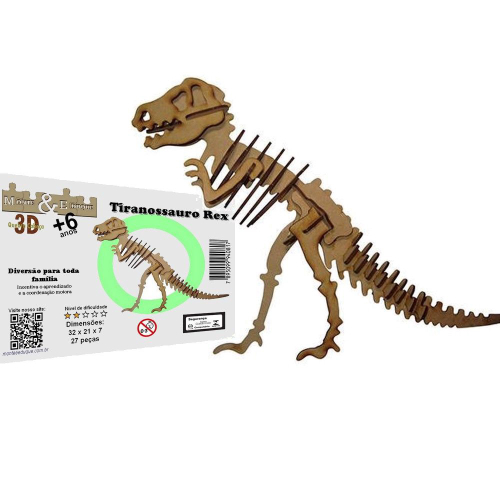 Quebra Cabeça 3D Dinossauro Velociraptor - 41 Peças - MDF Cru