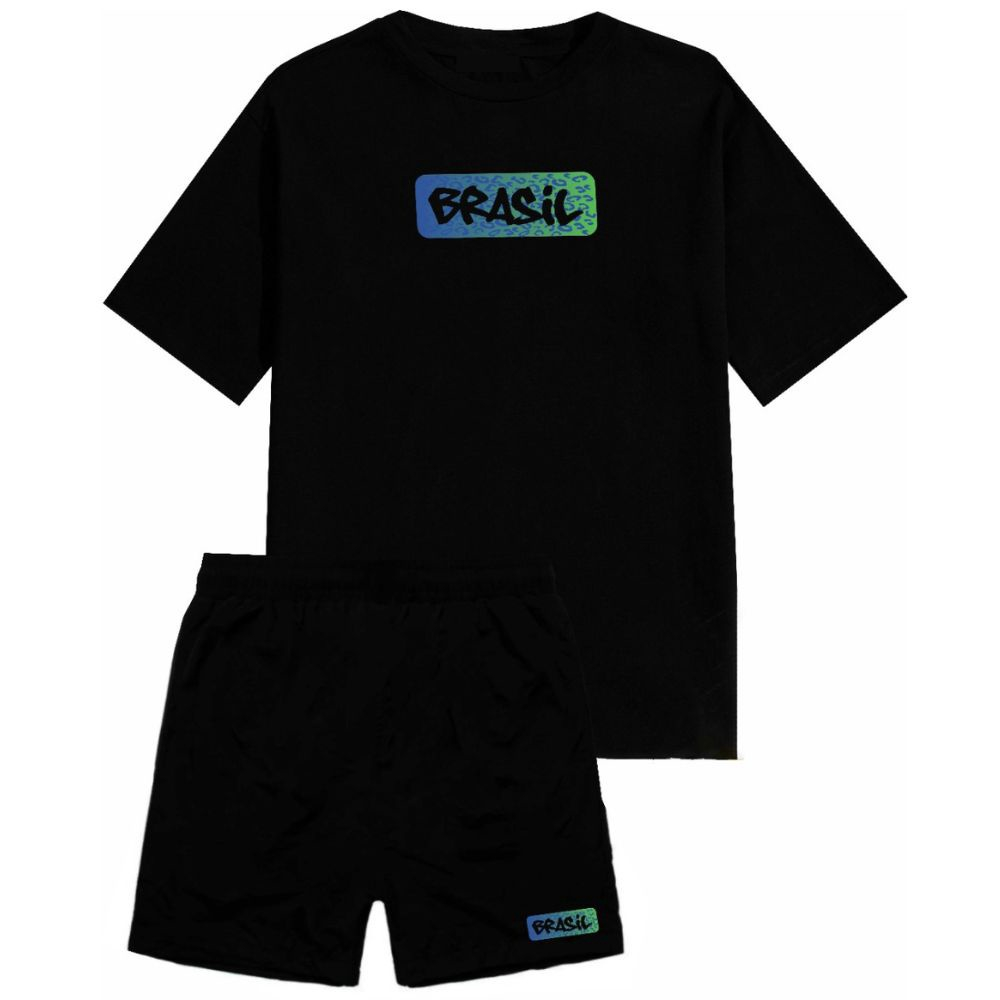 Kit Short Conjunto Masculino Brasil Bermuda Tactel Camiseta Estampada