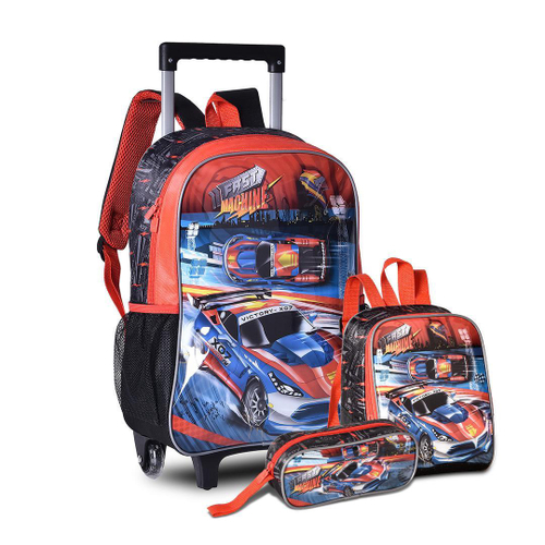 Kit Mochila Rodinha Escolar Tamg 3d Carro Corrida Infantil