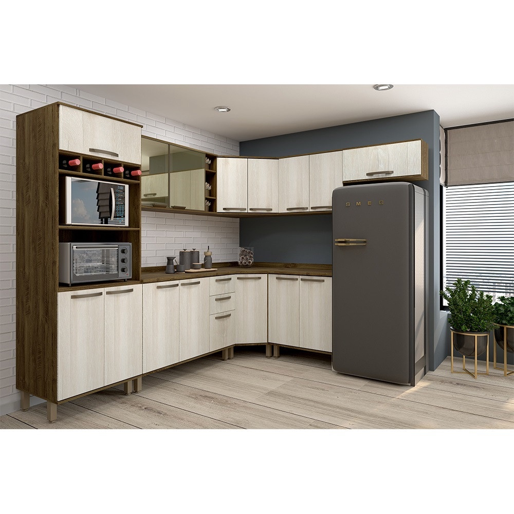 Jogo de Cozinha Completo Veneto Reta 225cm 4 Peças 8 Portas 3 Gavetas Legno  Crema com