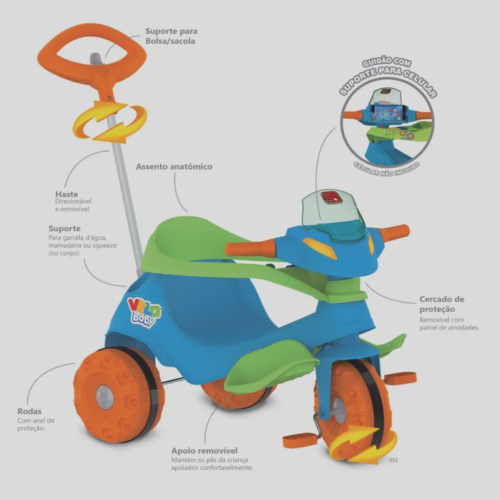 Triciclo Infantil com Haste Empurrador Pedal Motoca Velotrol 2 em