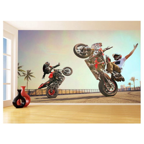 Papel De Parede 3D Moto Grau Empinando Manobra 3,5M Bkm28 - Você