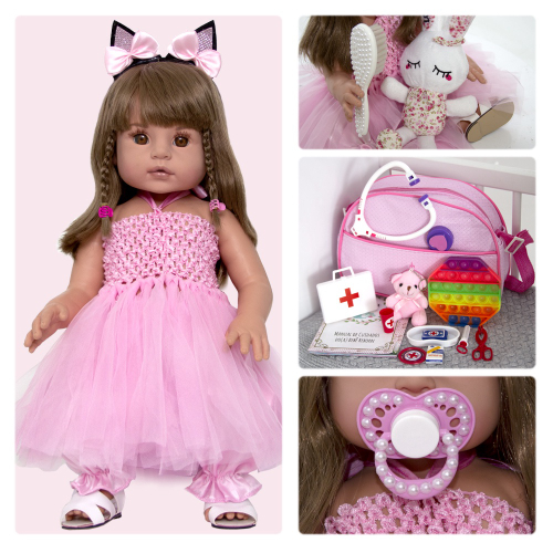 Boneca Bebê Reborn Luxo Rosa Vários Itens e Mochila - ShopJJ