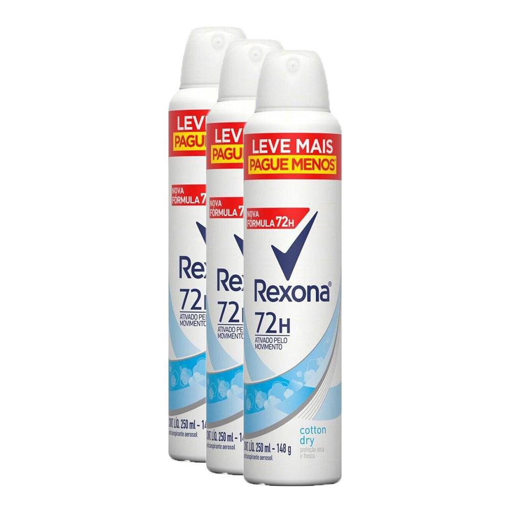 Kit 3 Desodorantes Antitranspirante Aerosol Feminino Rexona Cotton Dry 72  horas 250ml