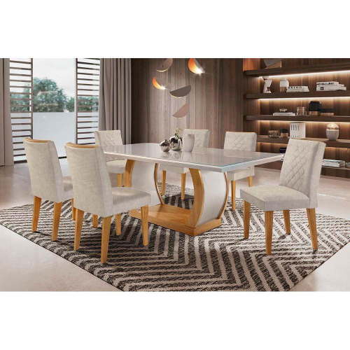 Conjunto Sala de Jantar Mesa Safira 180cm 6 Cadeiras Rufato com Vidro