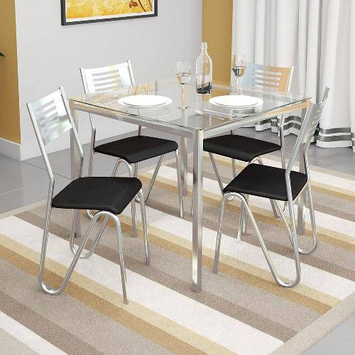 Conjunto: Mesa de Cozinha Reno c/ Tampo Vidro 90cm + 4 Cadeiras Nápoles  Cromado/Courano Preto - Kappesberg no Shoptime