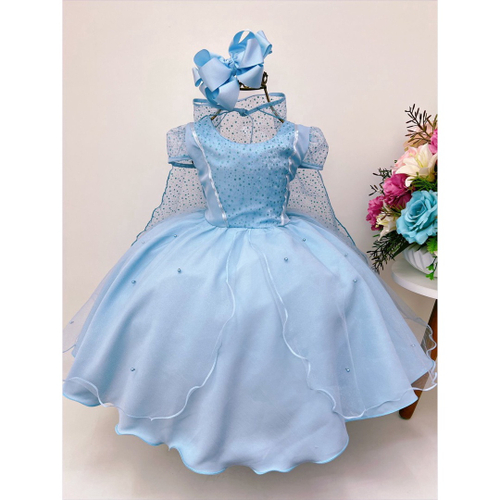 VESTIDO INFANTIL FROZEN AZUL PRINCESAS COM CAPA LUXO