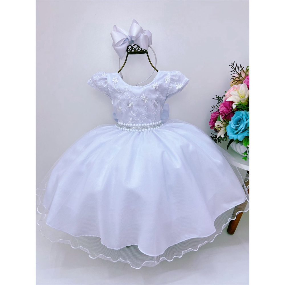 Vestido Infantil Azul C/ Renda Cinto Pérolas Strass Princesa