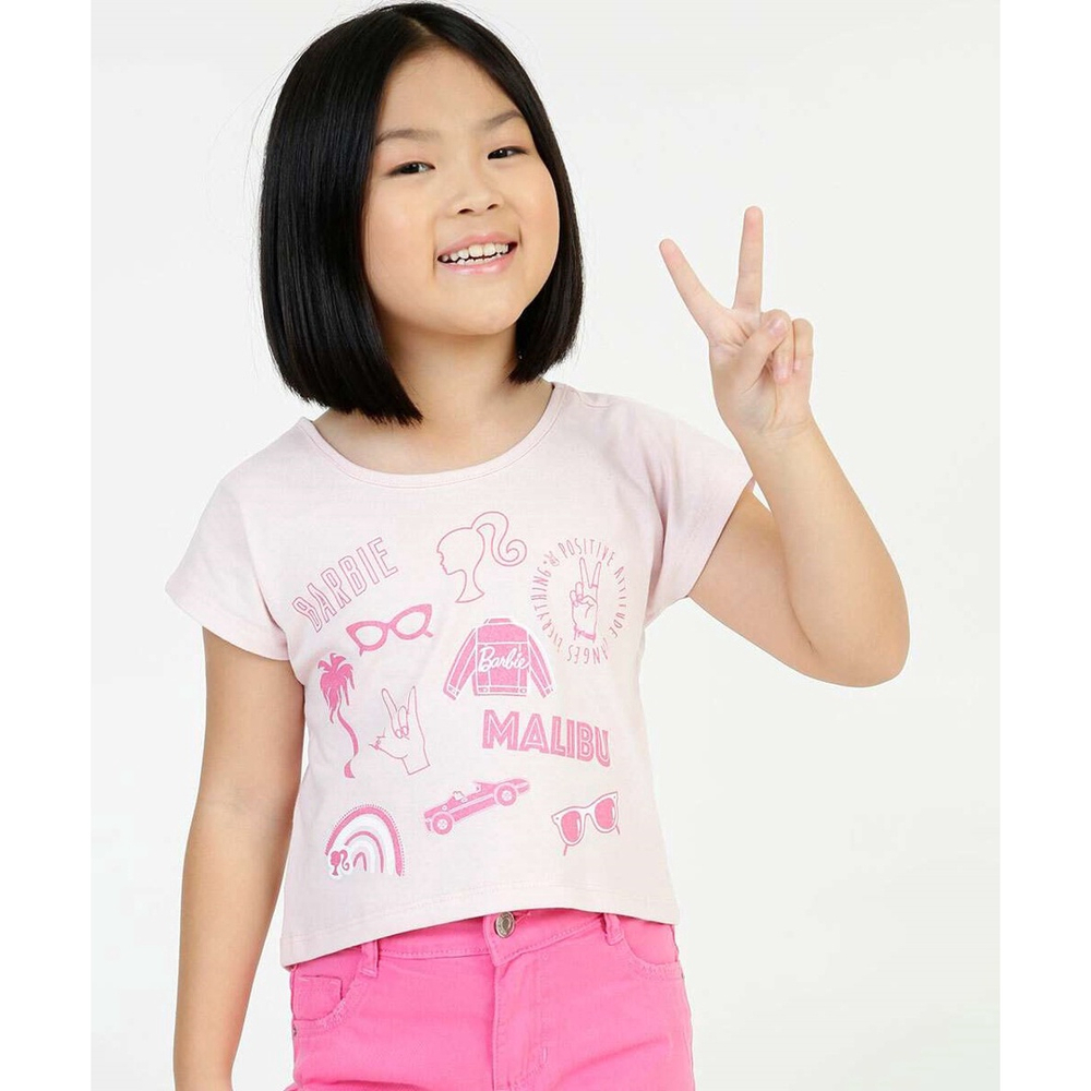 Blusa Infantil Manga Curta Estampada Barbie Tam 4 a 10