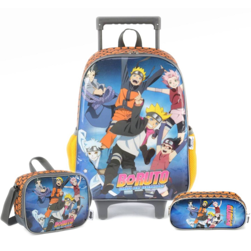 Kit Mochila Escolar Boruto Naruto Infantil de Carrinho Rodinhas