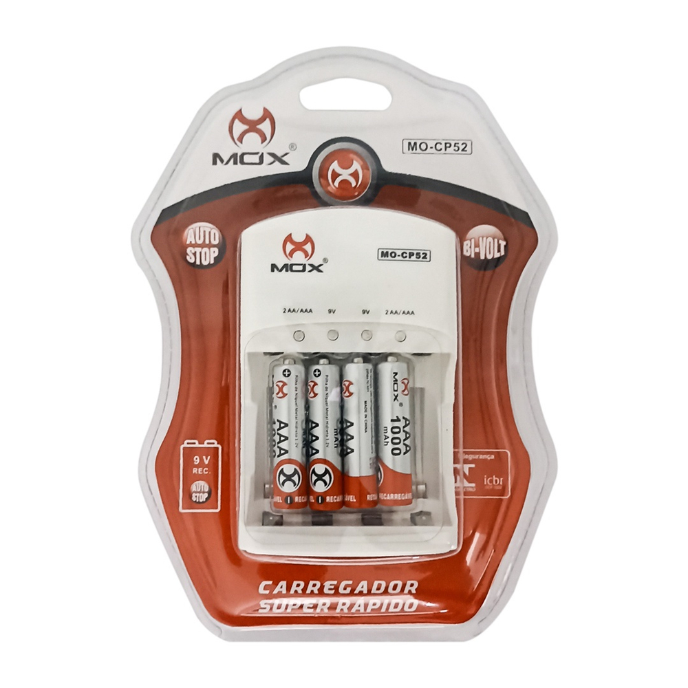 Carregador de Pilhas e Bateria 9v Mox Dotcell CP-52 Carga Rápida Auto ...