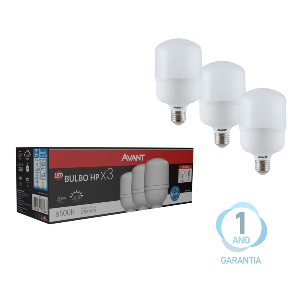 Lampada LED Branca Bulbo Hp E27 20W 6500K Bivolt Avant Pack Com 3 Un No Shoptime