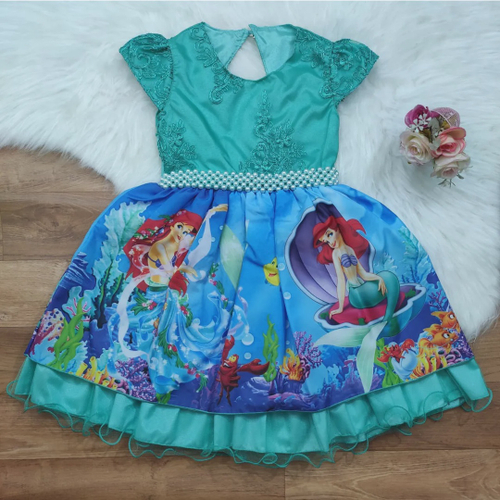 Vestido Infantil Fantasia Sereia Ariel Fundo Do Mar + Tiara