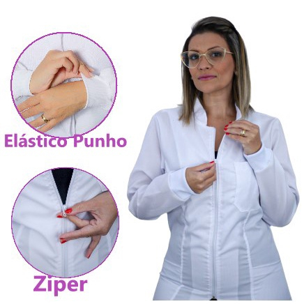 Jaleco Feminino Oxford Ziper Gola Padre, Com Punho, Acinturado, Manga ...