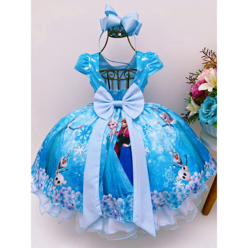 Vestido Infantil Frozen Azul C/ Cinto Pérolas Luxo Princesas