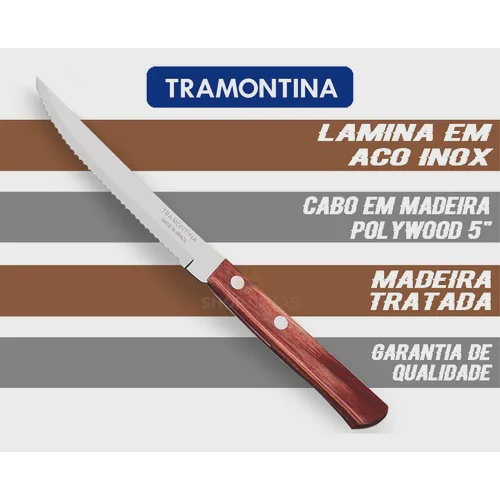 Conjunto 12 Pçs Garfo e Faca Cabo Madeira Tramontina Inox