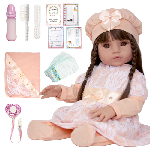 Boneca Reborn De Silicone Menina Roupa Salmão Fada Madrinha