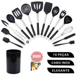 Conjunto Kit 15 Pçs Utensilio Cozinha Silicone Cabo Aço Inox