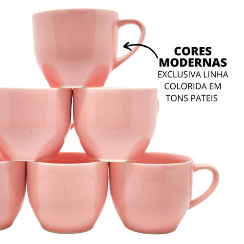 JOGO 6 XICARA CAFE CHA PORCELANA 170ML COM PIRES COLORIDA - MUNDO