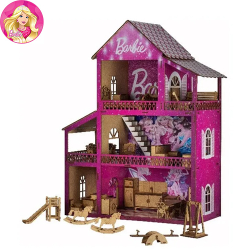 Casinha De Bonecas Barbie Adesivada Madeira Mdf Com Moveis em