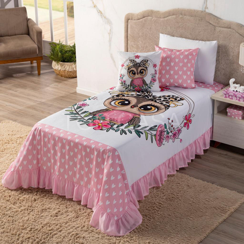 Kit Cobre Leito Infantil Solteiro Menina Estampado Coruja + Cortina + Jogo  De Cama