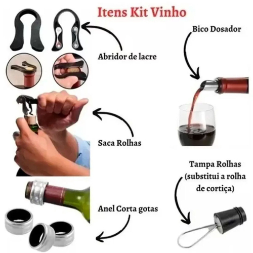 Jogo P/ Bar e Vinho Wine Inox Preto - 33x7cm - 5 Peças