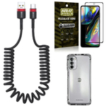Kit Capinha Moto G82 + Cabo Espiral Tipo C + Película